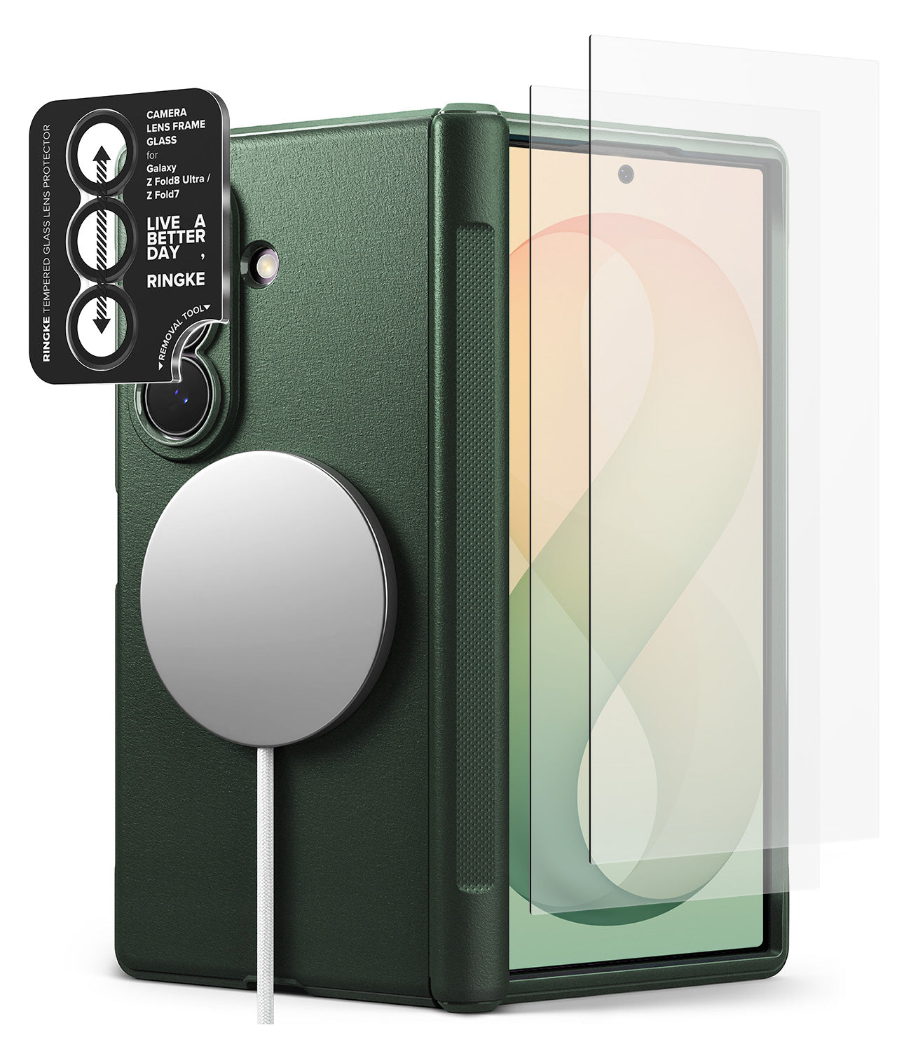 [Bundle] Galaxy Z Fold 8 Ultra | Onyx Flap Magnetic + Screen / Camera Protectors (2P) - A dark green protective phone case shown with a transparent screen protector overlay and a MagSafe-compatible magnetic ring accessory. A black camera frame guard sticker is also shown on the upper left against a clean white background.
