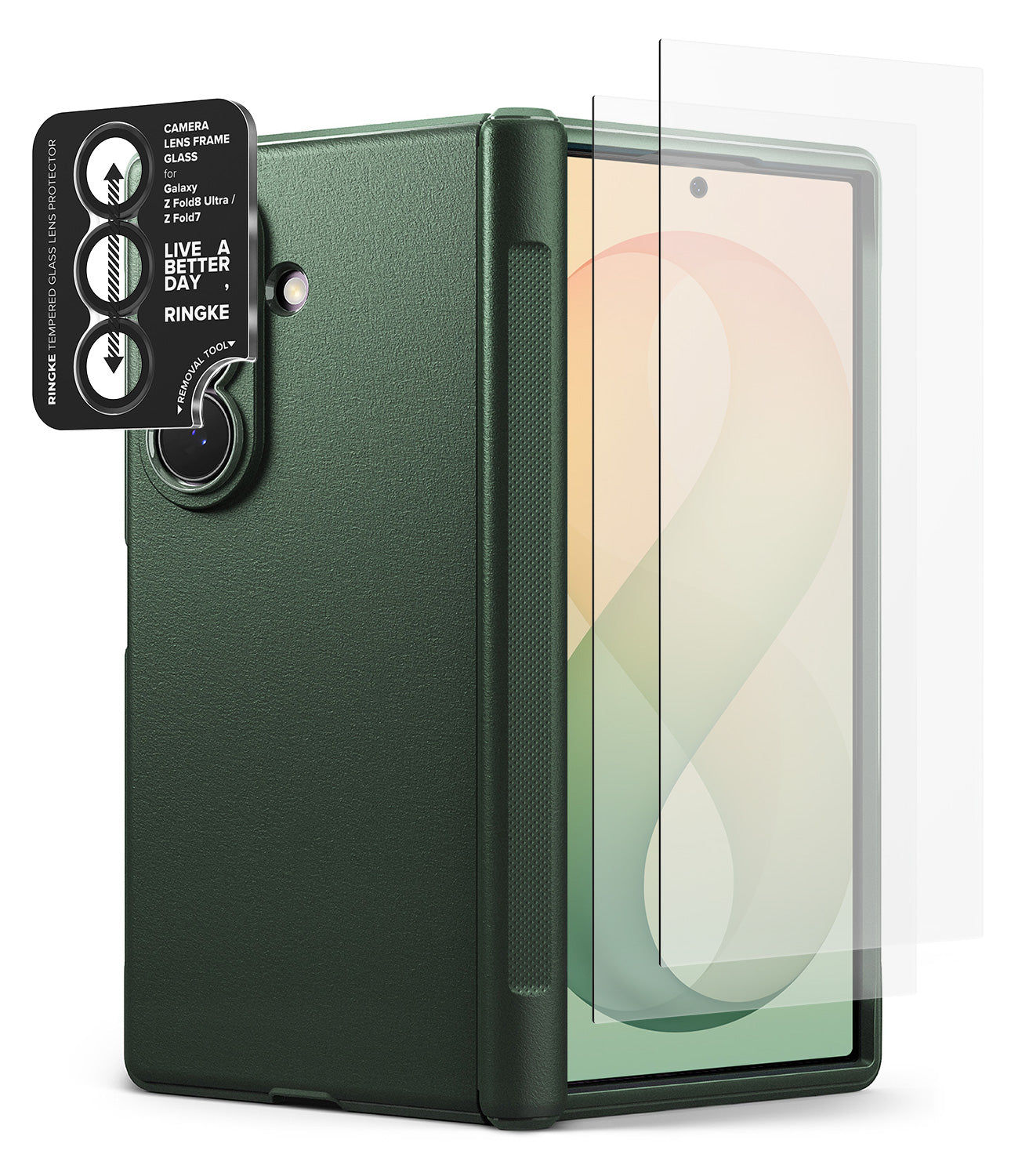 [Bundle] Galaxy Z Fold 8 Ultra | Onyx Flap (GRN) + Screen / Camera Protectors (2P) - A dark green protective phone case shown with a transparent screen protector partially applied to the front and a black camera lens protector sticker on the back. The phone inside displays a soft gradient wallpaper.