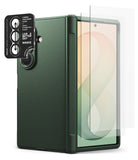 [Bundle] Galaxy Z Fold 8 Ultra | Onyx Flap (GRN) + Screen / Camera Protectors (2P) - A dark green protective phone case shown with a transparent screen protector partially applied to the front and a black camera lens protector sticker on the back. The phone inside displays a soft gradient wallpaper.