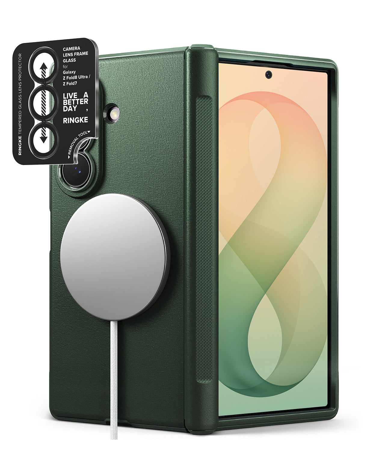 [Bundle] Galaxy Z Fold 8 Ultra | Onyx Flap Magnetic + Camera Protectors (2P) - A dark green protective phone case shown from the back and side, fitted on a smartphone. The back includes a large circular MagSafe-compatible ring and a black camera frame insert with printed alignment markings and the text 'LIVE A BETTER DAY - RINGKE'.