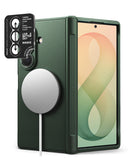 [Bundle] Galaxy Z Fold 8 Ultra | Onyx Flap Magnetic + Camera Protectors (2P) - A dark green protective phone case shown from the back and side, fitted on a smartphone. The back includes a large circular MagSafe-compatible ring and a black camera frame insert with printed alignment markings and the text 'LIVE A BETTER DAY - RINGKE'.