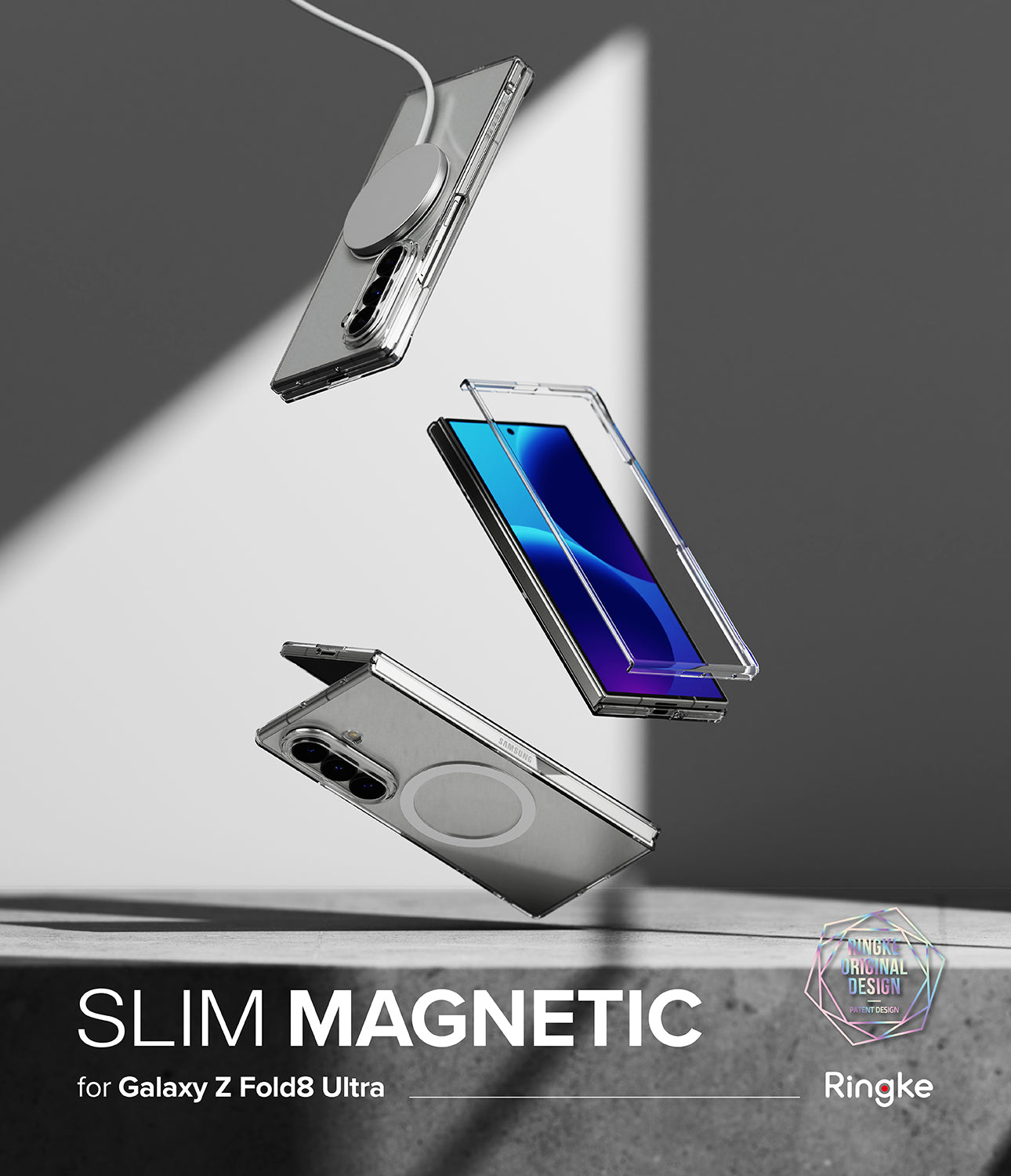 Galaxy Z Fold 8 Ultra Case | Slim Magnetic - Three floating smartphone cases shown on a Samsung Galaxy Z Fold8 Ultra, with text reading 'SLIM MAGNETIC for Galaxy Z Fold8 Ultra' and the Ringke logo. The cases appear transparent and slim, with magnetic ring charging visible on two of the devices.