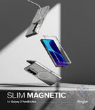 Galaxy Z Fold 8 Ultra Case | Slim Magnetic - Three floating smartphone cases shown on a Samsung Galaxy Z Fold8 Ultra, with text reading 'SLIM MAGNETIC for Galaxy Z Fold8 Ultra' and the Ringke logo. The cases appear transparent and slim, with magnetic ring charging visible on two of the devices.