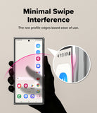 Galaxy Z Fold 8 Ultra Case | Slim Magnetic - A hand holds a smartphone showing a screen protector demo. Text at the top reads 'Minimal Swipe Interference' with smaller copy about low-profile edges improving ease of use.