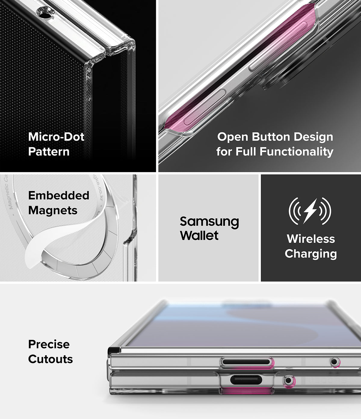 Galaxy Z Fold 8 Ultra Case | Slim Magnetic - A 4-panel product feature collage for a Samsung Galaxy Watch Ultra case. The top-left panel shows a close-up of the case corner with a black textured inner area and a silver outer bumper, labeled 'Micro-Dot Pattern'.