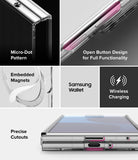 Galaxy Z Fold 8 Ultra Case | Slim Magnetic - A 4-panel product feature collage for a Samsung Galaxy Watch Ultra case. The top-left panel shows a close-up of the case corner with a black textured inner area and a silver outer bumper, labeled 'Micro-Dot Pattern'.