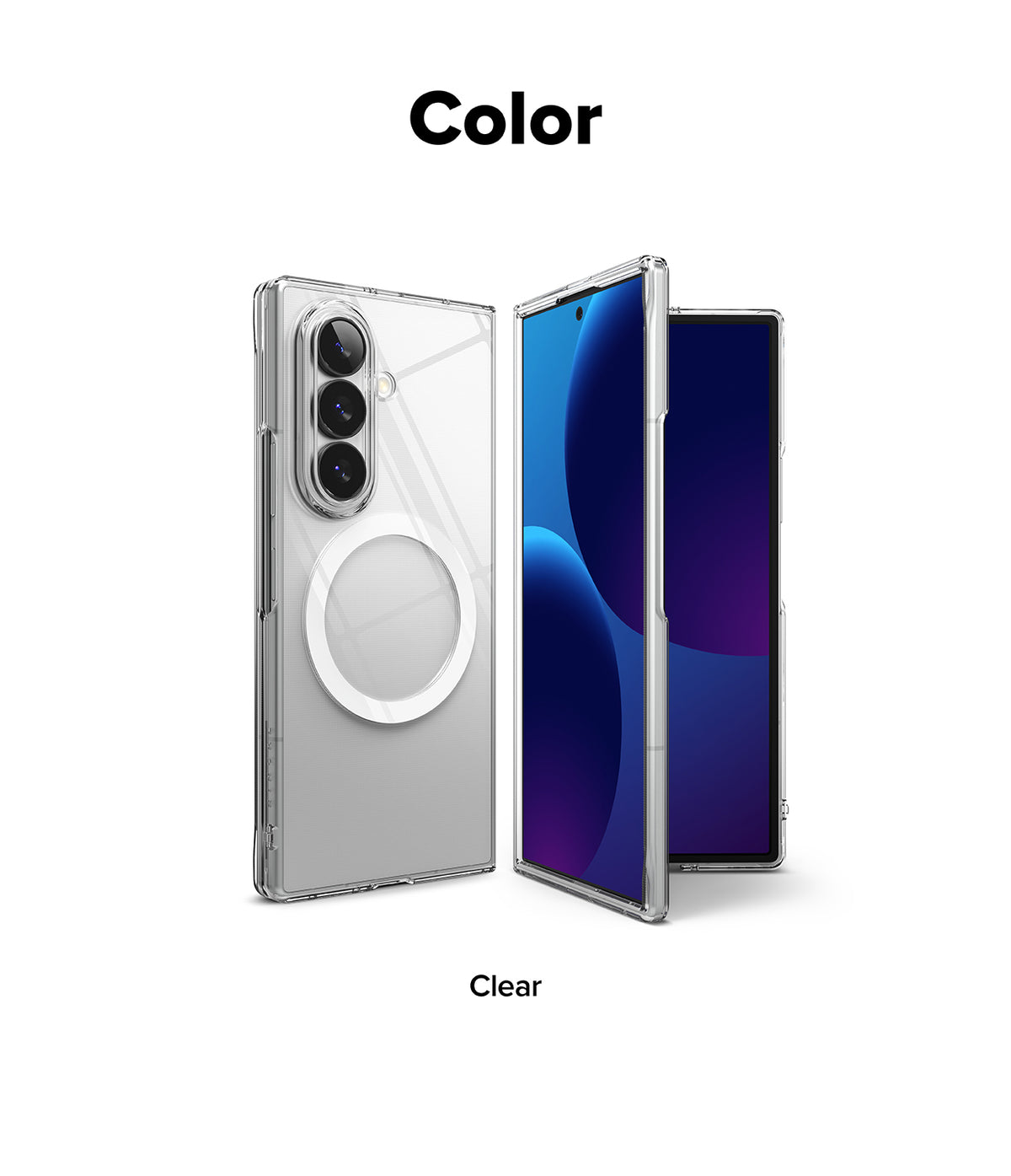 Galaxy Z Fold 8 Ultra Case | Slim Magnetic - A clear smartphone case shown on a phone from the back and side, with a circular MagSafe ring on the back. The text 'Color' appears above and 'Clear' below, indicating the transparent color variant.