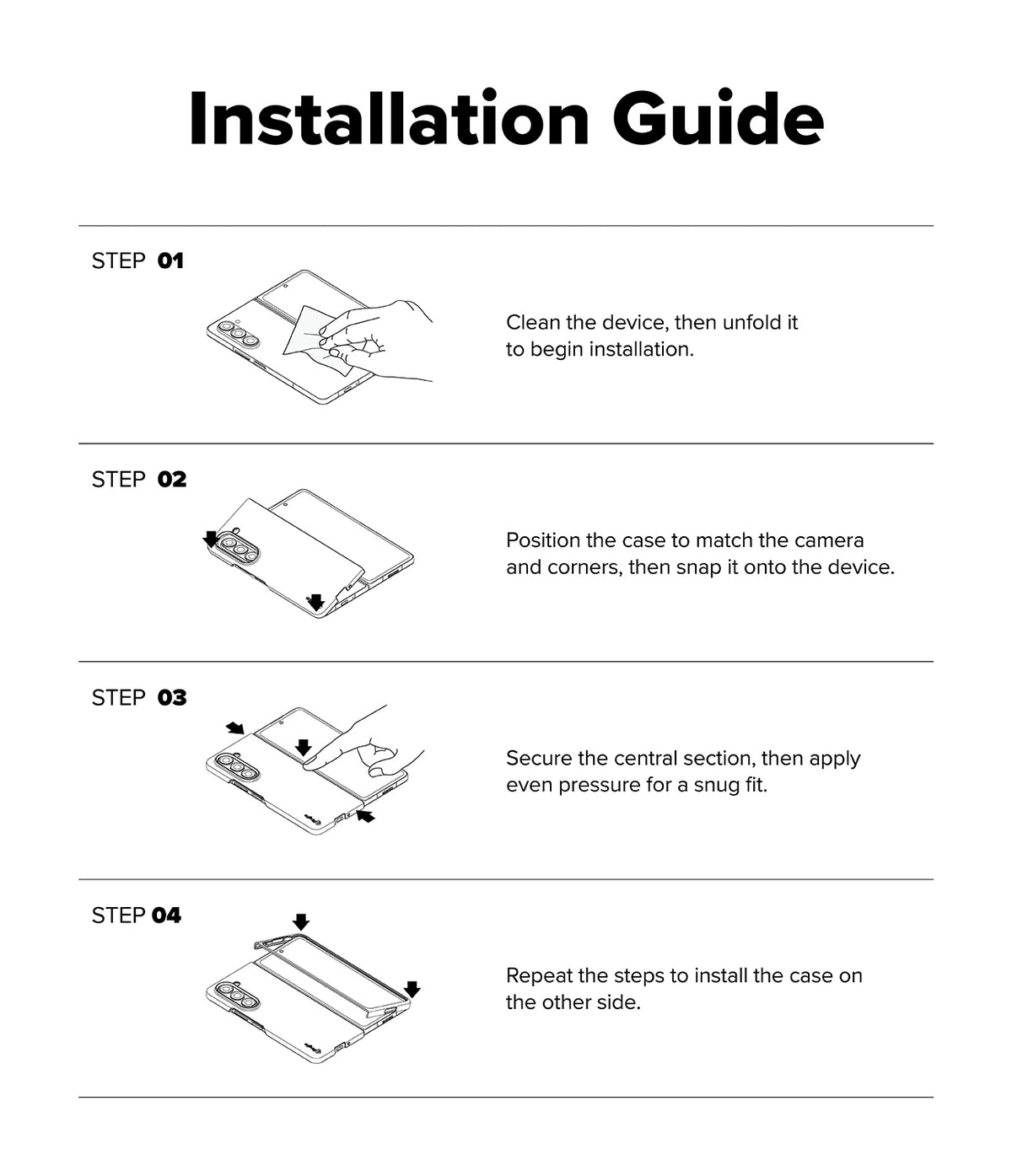 Galaxy Z Fold 8 Ultra Case | Slim Magnetic - Installation guide diagram showing four steps with line drawings and text instructions for mounting a phone case on a smartphone.
