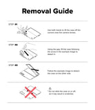 Galaxy Z Fold 8 Ultra Case | Slim Magnetic - A removal guide diagram with three illustrated steps and short instructions for lifting a phone case off, plus a red crossed-out mark indicating not to slide the case on or off.