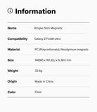 Galaxy Z Fold 8 Ultra Case | Slim Magnetic - An information card detailing the specifications of a Ringke Fusion Flap for the Galaxy Z Fold Ultra, including material, size, weight, and origin, with 'Color: Clear' listed.