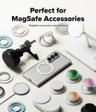Galaxy Z Fold 8 Ultra Case | Slim Magnetic - A promotional flat lay showing MagSafe accessories arranged around a silver smartphone on a clean white background. Visible items include a black magnetic phone mount, several white ring stands, a white magnetic charging pad/stand, and multiple pop-swap grips in white, black, green, and iridescent colors.