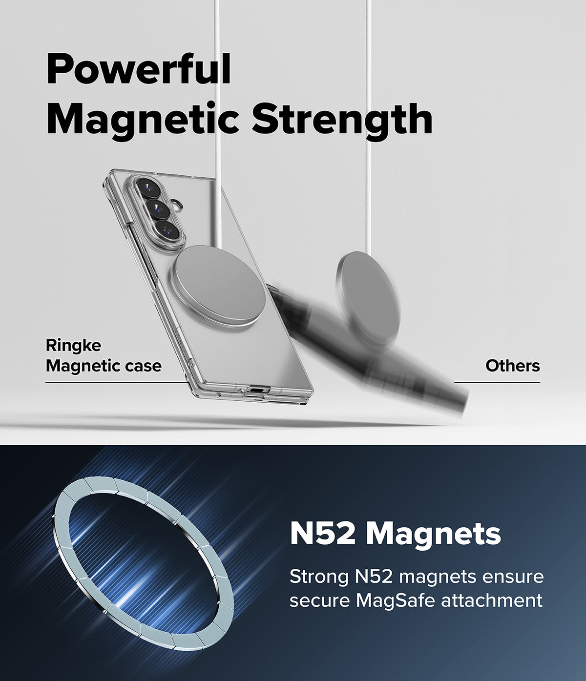 Galaxy Z Fold 8 Ultra Case | Slim Magnetic - Promotional graphic for a magnetic phone case, showing a clear case with a circular MagSafe ring attached and text reading 'Powerful Magnetic Strength' and 'Ringke Magnetic case.' A second phone is shown with a different magnetic attachment labeled 'Others.