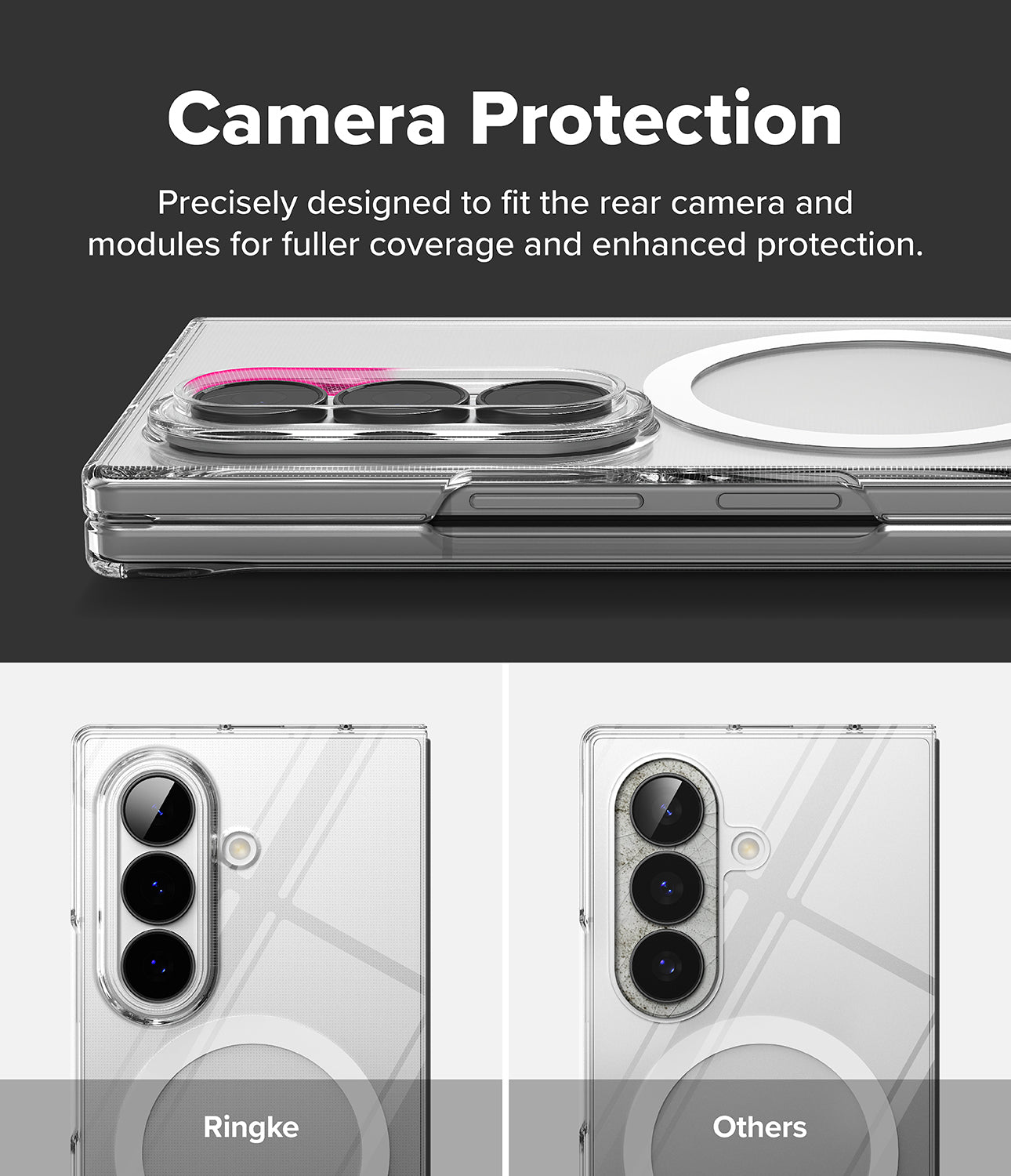 Galaxy Z Fold 8 Ultra Case | Slim Magnetic - Promotional graphic for a phone camera protection case. The top section shows a clear case with a pink accent ring around the camera module and text reading 'Camera Protection.