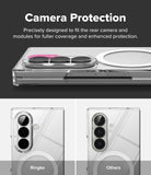 Galaxy Z Fold 8 Ultra Case | Slim Magnetic - Promotional graphic for a phone camera protection case. The top section shows a clear case with a pink accent ring around the camera module and text reading 'Camera Protection.