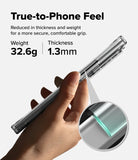 Galaxy Z Fold 8 Ultra Case | Slim Magnetic - A hand holds a slim transparent phone case with a metallic silver phone inserted, shown on a light gray background with marketing text reading 'True-to-Phone Feel' and a circular inset highlighting the thin edge of the case.