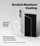 Galaxy Z Fold 8 Ultra Case | Slim Magnetic - Clear smartphone case with a circular MagSafe ring, shown over a black phone on a light gray background with text highlighting scratch-resistant coating and hard PC/UV hard coating.