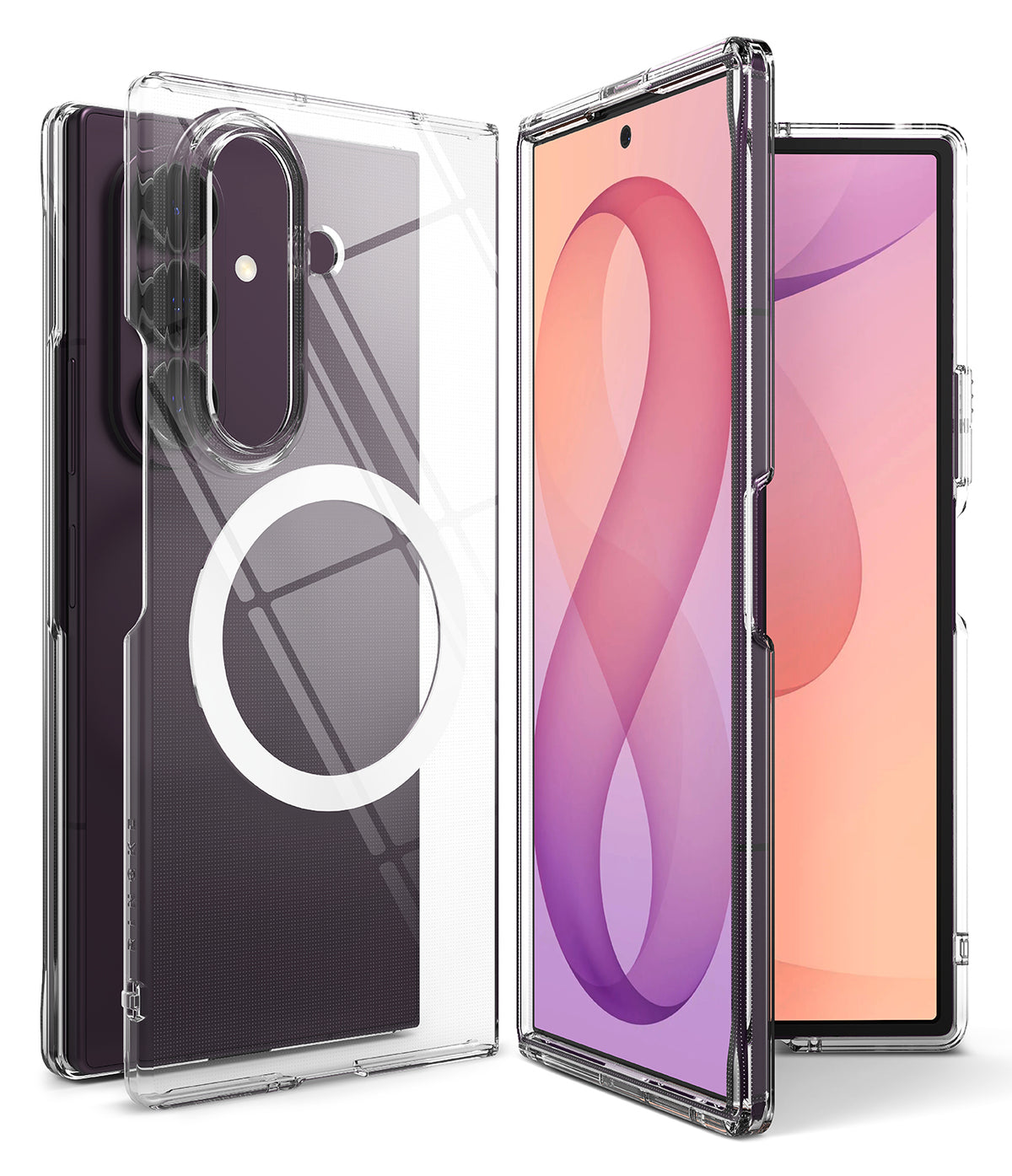 Galaxy Z Fold 8 Ultra Case | Slim Magnetic - A clear protective smartphone case shown on a phone from multiple angles, including the back with a circular MagSafe-style ring, the side profile, and the front view with the phone screen on, against a plain white background.