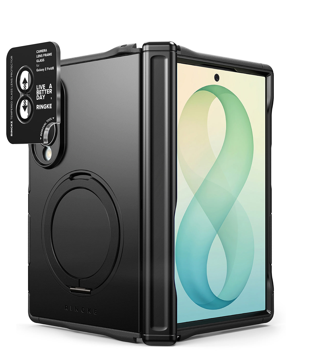 [Bundle] Galaxy Z Fold 8 | Alles + Camera Protectors - Black Ringke protective case for a foldable tablet, shown with a tablet partially inserted and a fold-out camera module extended on the left, on a white background.
