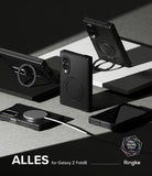 Galaxy Z Fold 8 Case | Alles - Black Ringke ALLES MagSafe case for Samsung Galaxy Z Fold8 shown in multiple angles on a dark gray and black studio background, featuring a circular ring stand and MagSafe compatibility.