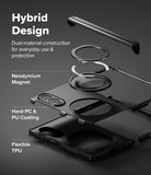 Galaxy Z Fold 8 Case | Alles - Black hybrid phone case shown in an exploded assembly view with text labels reading 'Hybrid Design,' 'Neodymium Magnet,' 'Hard PC & PU Coating,' and 'Flexible TPU' on a dark gray background.