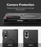 Galaxy Z Fold 8 Case | Alles - Black protective phone case with a circular magnetic ring design, shown from multiple angles with text reading 'Camera Protection' and comparison labels 'Ringke' and 'Others'.
