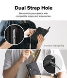 Galaxy Z Fold 8 Case | Alles - Promotional graphic for a black phone case with dual strap holes, showing two lifestyle panels of a person wearing and attaching straps/accessories to the case. Text at the top reads 'Dual Strap Hole' and 'Personalize your device with compatible straps and accessories.