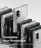 Galaxy Z Fold 8 Case | Alles - A promotional render showing multiple smartphones in clear protective cases with camera lens guards, arranged in a fan-like layout on a light gray background. Large text reads 'Complete Your Protection' and smaller text says 'Get full coverage using Ringke Lens Frame Glass.