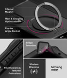 Galaxy Z Fold 8 Case | Alles - A Samsung Galaxy phone case with a built-in magnetic ring charger, shown in a multi-panel technical feature graphic. The graphic highlights the internal magnet, heat and charging optimization, precise angle control, bridge retention, fine incisions, textured protrusions, wireless charging, and compatibility with the Samsung Wallet.