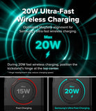 Galaxy Z Fold 8 Case | Alles - Promotional graphic for a wireless charging product showing '20W Ultra-Fast Wireless Charging' text over a glowing teal circular charging field, with two smaller charging diagrams below labeled 'Fast Charging' and 'Samsung's Ultra-Fast Charging'.