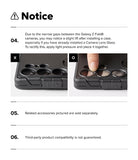 Galaxy Z Fold 8 Case | Alles - A white instruction sheet with the heading 'Notice' and six text points, including a warning about installing a case on a Galaxy Z Fold8 and two small photos showing camera lens alignment and a finger pressing the area.