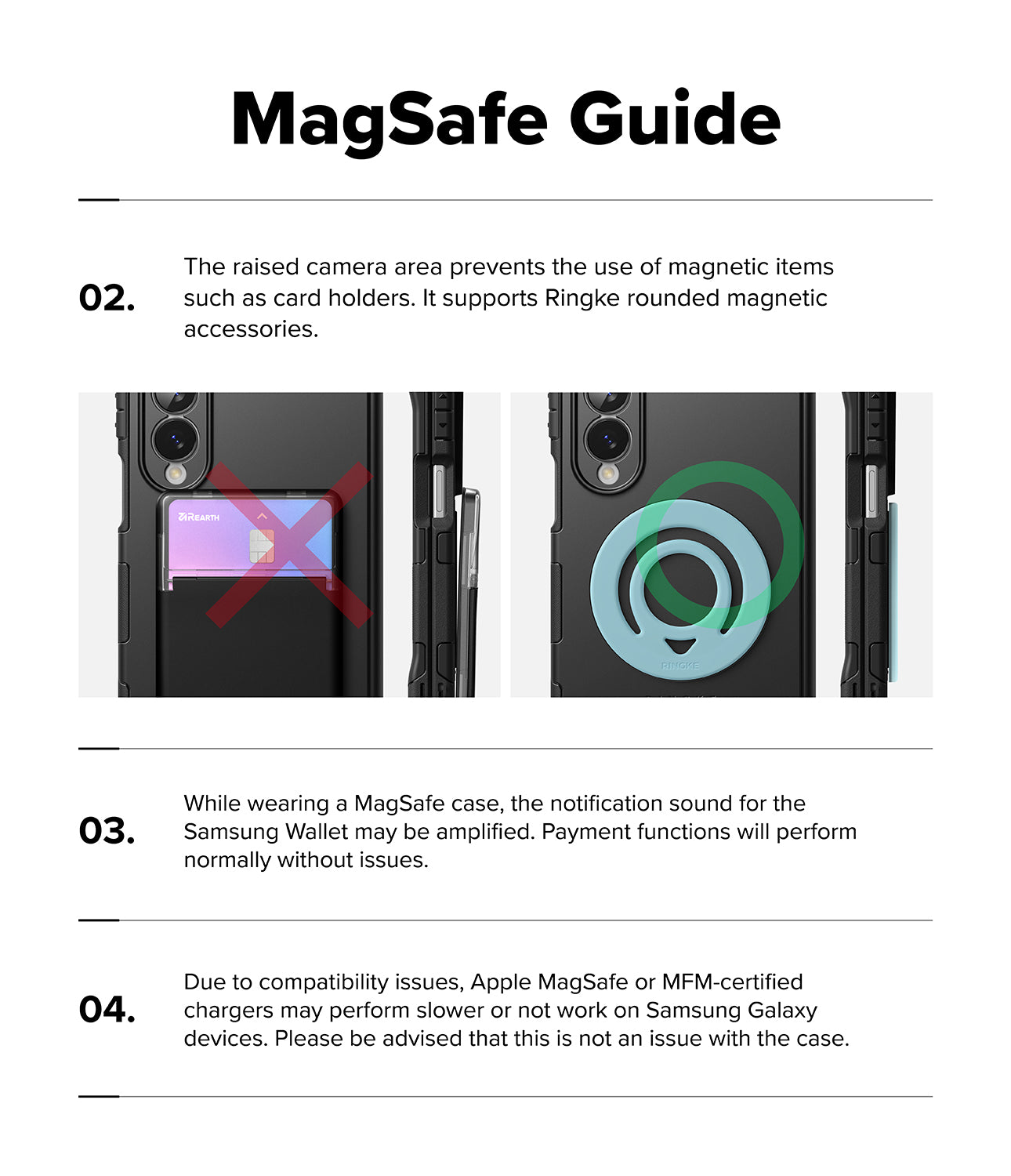Galaxy Z Fold 8 Case | Alles - A compatibility and usage guide graphic titled 'MagSafe Guide' on a white background, with text explaining magnetic accessory support, Samsung Wallet notification behavior, and Apple MagSafe/MFM charger compatibility issues.