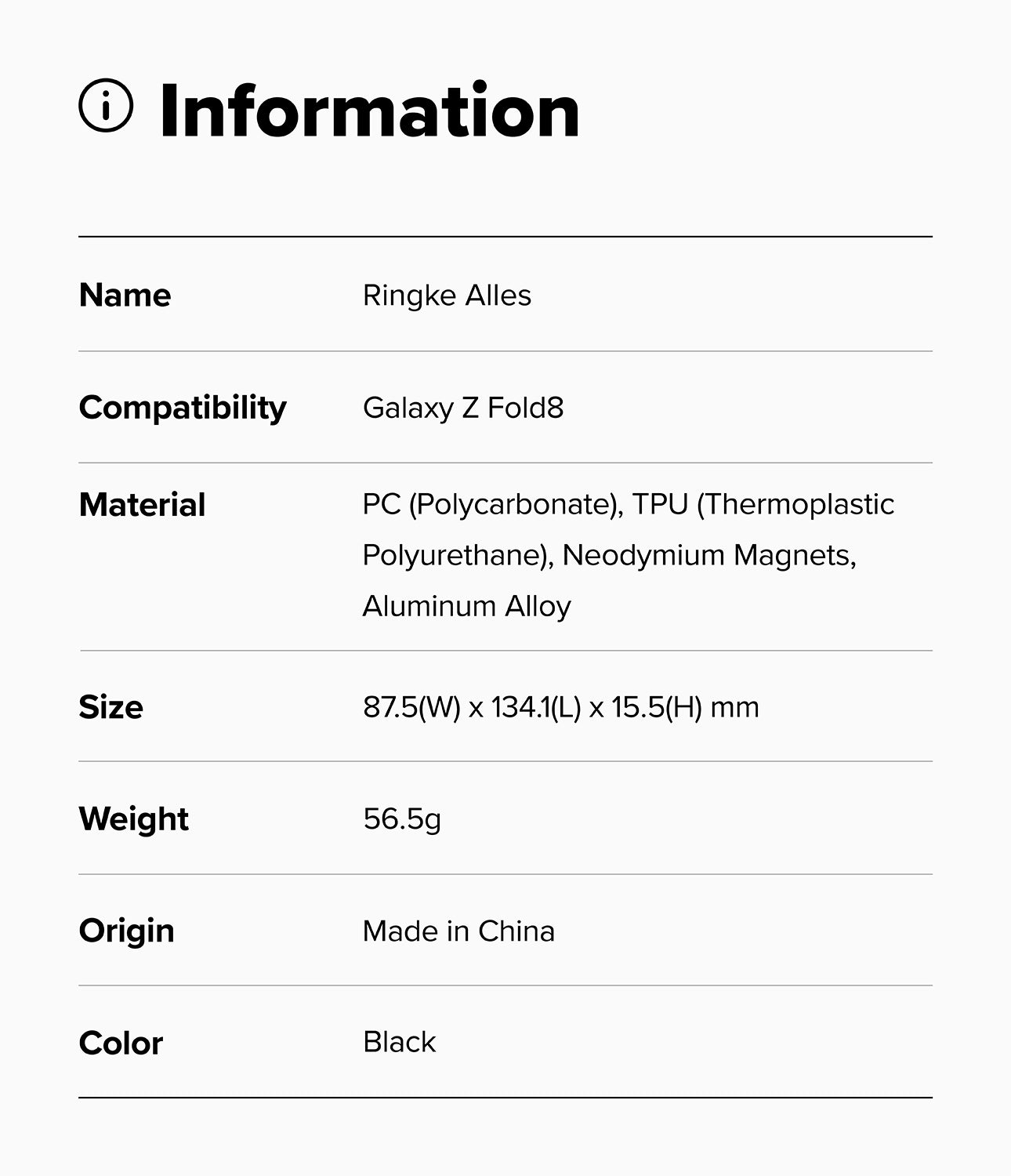 Galaxy Z Fold 8 Case | Alles - A black-and-white product information card listing details for Ringke Alles, including compatibility with Galaxy Z Fold8, material composition, dimensions, weight, and origin.
