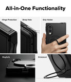 Galaxy Z Fold 8 Case | Alles - A promotional collage showing a black rugged phone case with multiple built-in features: hinge protection, strap hole, grip holder, MagSafe compatibility, and kickstand. A hand is visible holding the case in the center panel, and the text 'All-in-One Functionality' appears at the top.