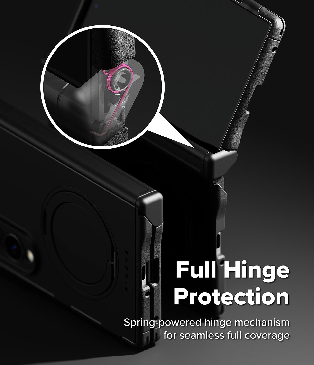 Galaxy Z Fold 8 Case | Alles - Black rugged smartphone case with a spring-powered hinge mechanism, shown partially open with a circular inset highlighting the hinge detail and text reading 'Full Hinge Protection'.