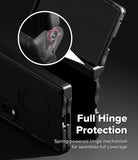 Galaxy Z Fold 8 Case | Alles - Black rugged smartphone case with a spring-powered hinge mechanism, shown partially open with a circular inset highlighting the hinge detail and text reading 'Full Hinge Protection'.