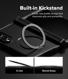 Galaxy Z Fold 8 Case | Alles - Black phone case with a built-in kickstand ring, shown with marketing text and two small inset images demonstrating the kickstand in use and stored away.