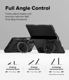 Galaxy Z Fold 8 Case | Alles - Black protective tablet case with a circular kickstand and full-angle control feature, shown in two positions with explanatory text and angle diagrams below on a light gray background.