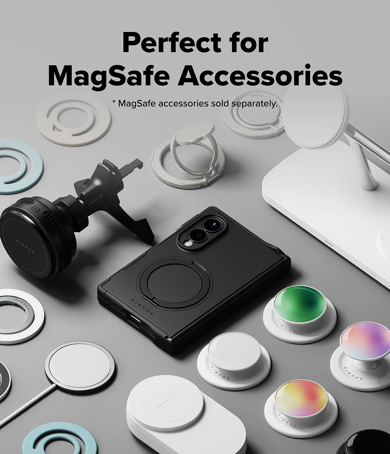 Galaxy Z Fold 8 Case | Alles - A black MagSafe-compatible phone case with a circular magnetic ring, shown on a smartphone surrounded by various white and silver MagSafe accessories, including a mount, rings, and pop sockets, on a light gray background with text reading 'Perfect for MagSafe Accessories'.