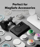 Galaxy Z Fold 8 Case | Alles - A black MagSafe-compatible phone case with a circular magnetic ring, shown on a smartphone surrounded by various white and silver MagSafe accessories, including a mount, rings, and pop sockets, on a light gray background with text reading 'Perfect for MagSafe Accessories'.