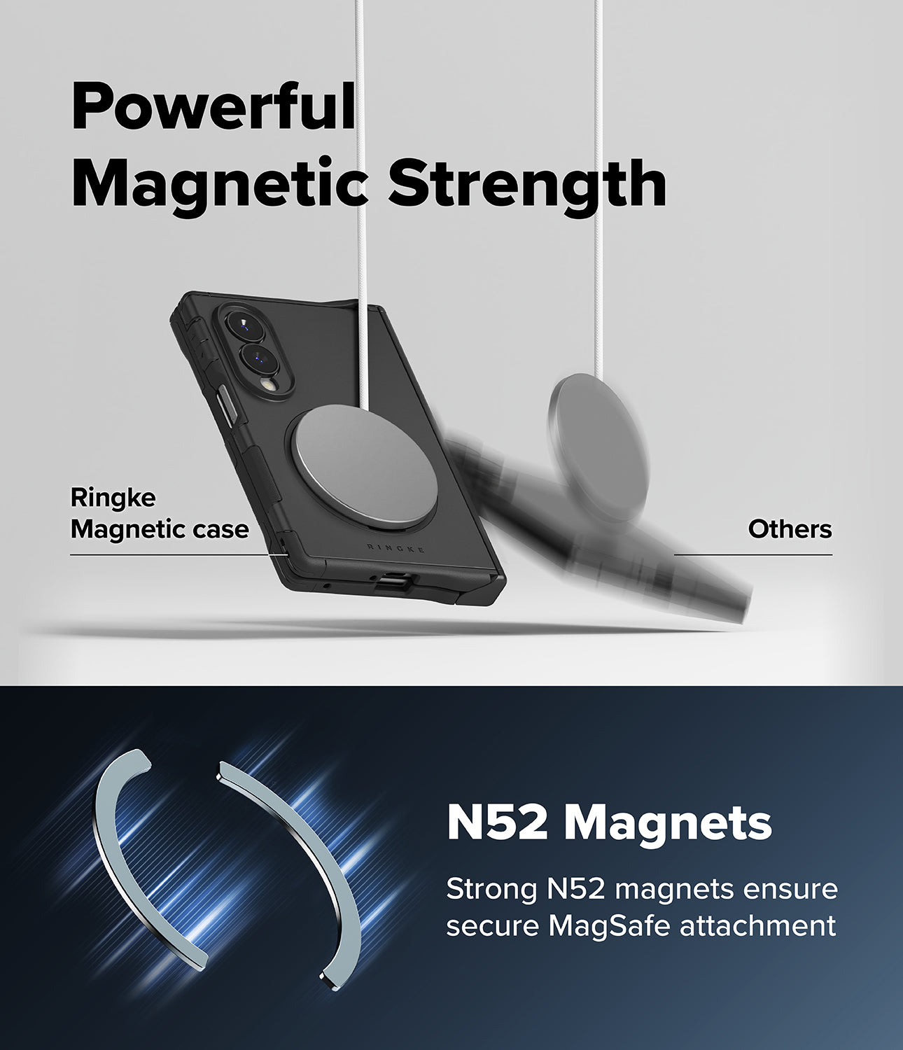 Galaxy Z Fold 8 Case | Alles - Promotional graphic for a black Ringke magnetic phone case with a circular MagSafe-compatible ring magnet. The top half shows the case floating with text reading 'Powerful Magnetic Strength' and labels the product as Ringke Magnetic case versus generic 'Others.