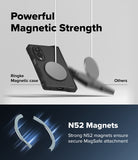 Galaxy Z Fold 8 Case | Alles - Promotional graphic for a black Ringke magnetic phone case with a circular MagSafe-compatible ring magnet. The top half shows the case floating with text reading 'Powerful Magnetic Strength' and labels the product as Ringke Magnetic case versus generic 'Others.