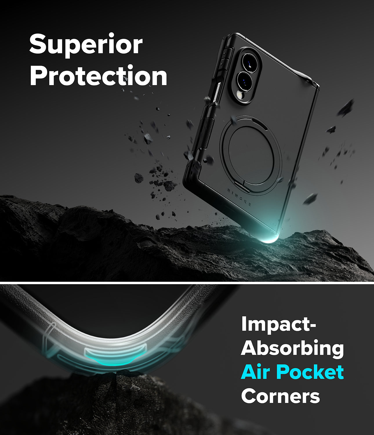 Galaxy Z Fold 8 Case | Alles - A dark gray transparent protective phone case shown floating above a rocky surface, with marketing text reading 'Superior Protection' and 'Impact-Absorbing Air Pocket Corners.' The image is a promotional composite rather than a plain studio product shot, but it still primarily shows the product itself rather than instructions or a chart.