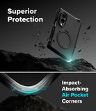 Galaxy Z Fold 8 Case | Alles - A dark gray transparent protective phone case shown floating above a rocky surface, with marketing text reading 'Superior Protection' and 'Impact-Absorbing Air Pocket Corners.' The image is a promotional composite rather than a plain studio product shot, but it still primarily shows the product itself rather than instructions or a chart.