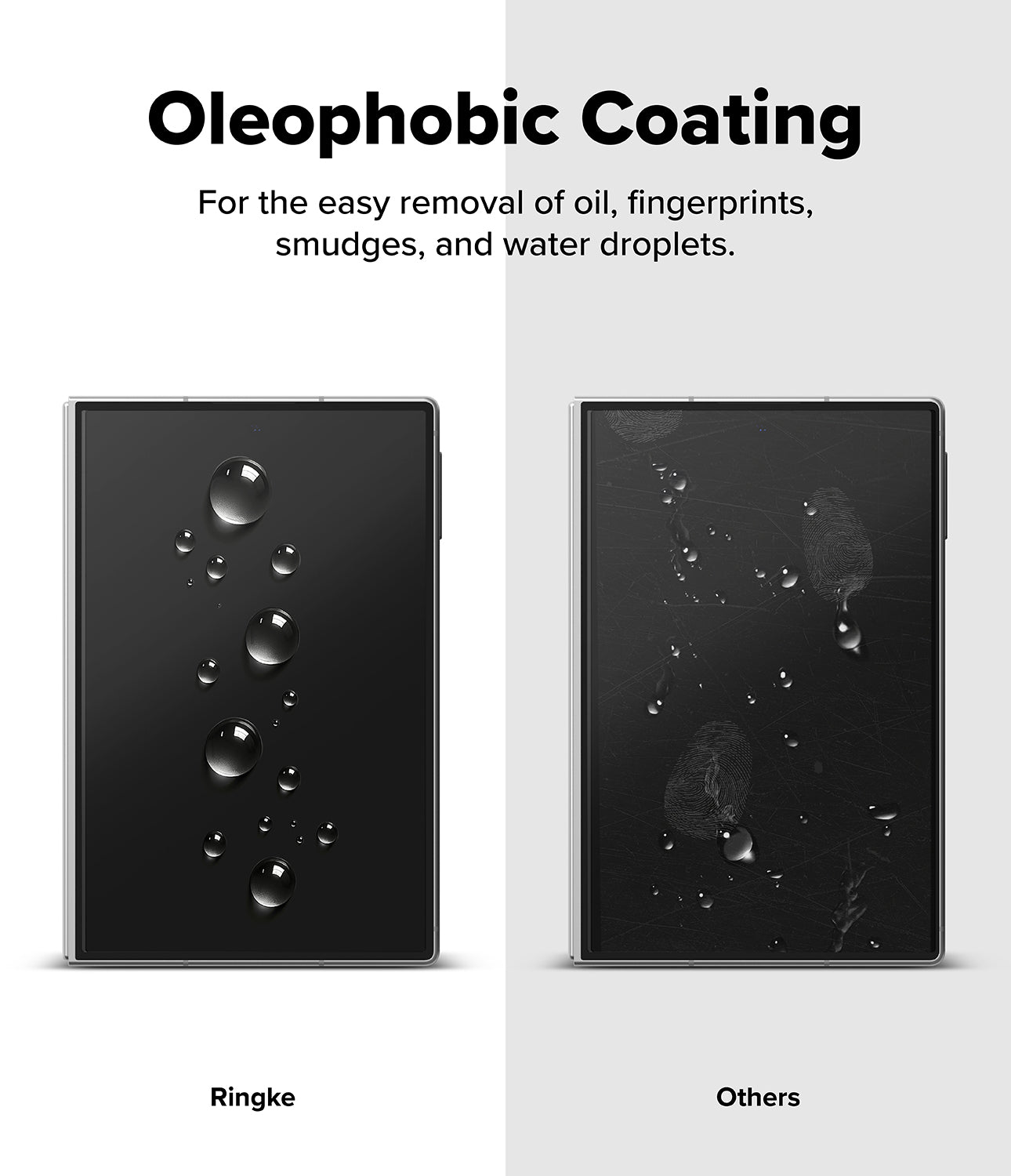 Galaxy Z Fold 8 Screen Protector | Cover Display Easy Slide Tempered Glass (2 Pack) - Promotional graphic for oleophobic coating on a smartphone, showing two black phone screens side by side on a light gray background. The left screen has oil, fingerprints, and water droplets that slide off easily, labeled 'Ringke.