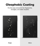 Galaxy Z Fold 8 | Fusion Air Flap Magnetic + Screen & Camera - Promotional graphic for oleophobic coating on a smartphone, showing two black phone screens side by side on a light gray background. The left screen has oil, fingerprints, and water droplets that slide off easily, labeled 'Ringke.