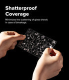Galaxy Z Fold 8 | Fusion Air Flap Magnetic + Screen & Camera - A pair of hands holds a transparent shatterproof glass panel against a black background, with white text at the top reading 'Shatterproof Coverage' and a smaller descriptive subtitle.