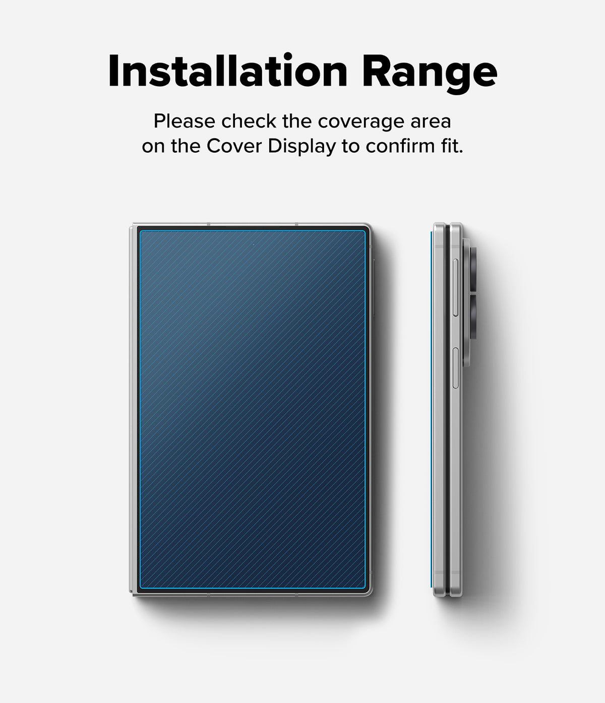 Galaxy Z Fold 8 | Fusion Air Flap Magnetic + Screen - Instruction graphic showing a smartphone case from two angles on a light gray background, with the text 'Installation Range' and 'Please check the coverage area on the Cover Display to confirm fit.' above it.