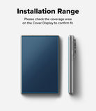 Galaxy Z Fold 8 | Fusion Air Flap Magnetic + Screen - Instruction graphic showing a smartphone case from two angles on a light gray background, with the text 'Installation Range' and 'Please check the coverage area on the Cover Display to confirm fit.' above it.