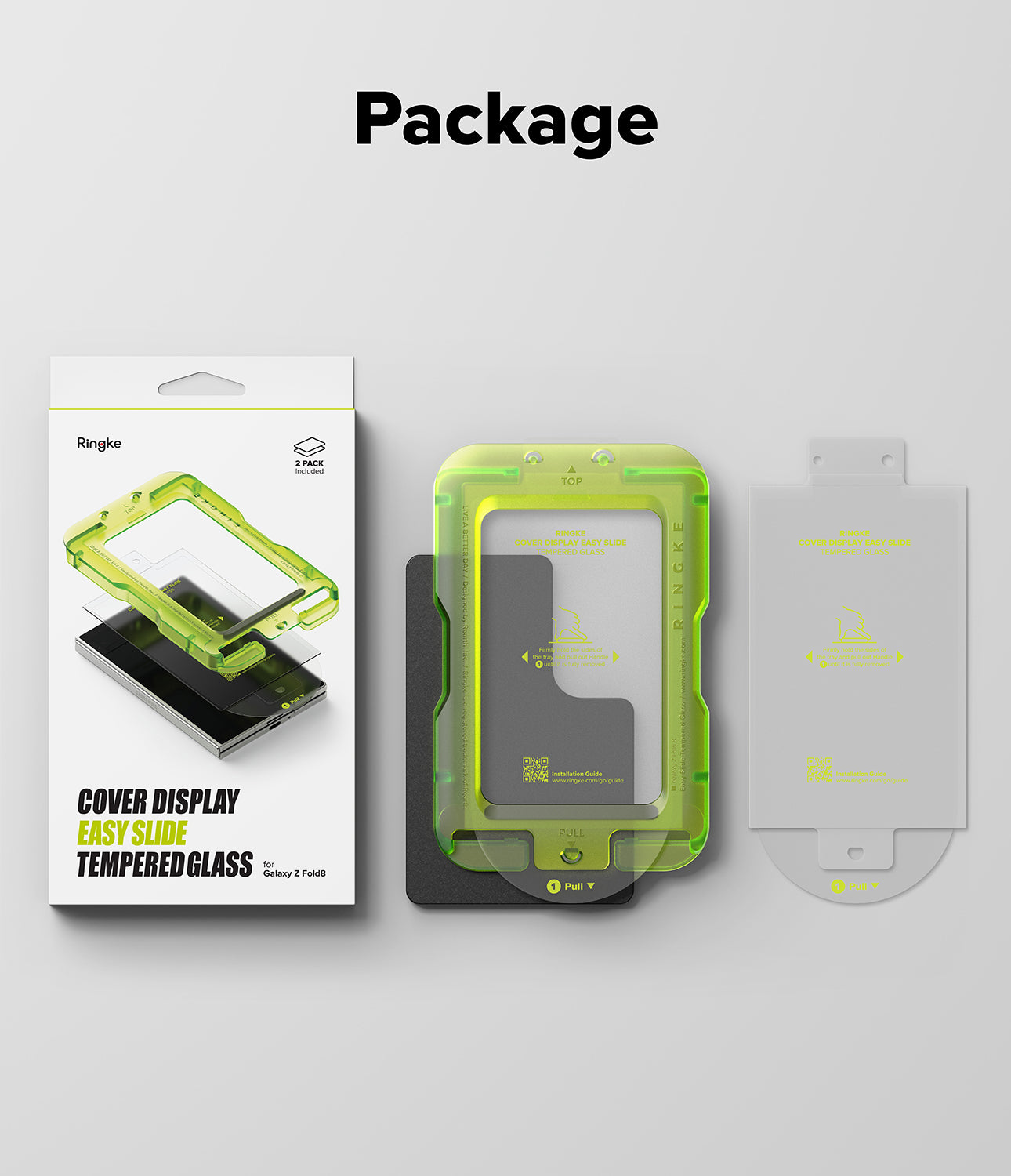 Galaxy Z Fold 8 Screen Protector | Cover Display Easy Slide Tempered Glass (2 Pack) - A phone tempered glass screen protector package set on a light gray background, featuring a white retail box, a translucent neon green protector over a phone mockup, and a white backing insert. The word 'Package' is printed at the top.