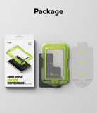 Galaxy Z Fold 8 Screen Protector | Cover Display Easy Slide Tempered Glass (2 Pack) - A phone tempered glass screen protector package set on a light gray background, featuring a white retail box, a translucent neon green protector over a phone mockup, and a white backing insert. The word 'Package' is printed at the top.